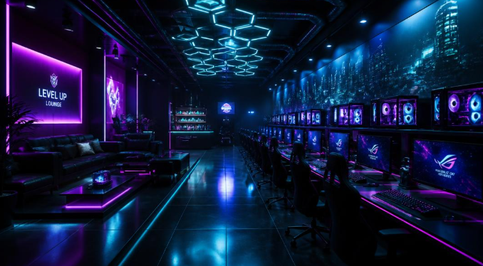 Gaming lounge with rows of gaming computers
